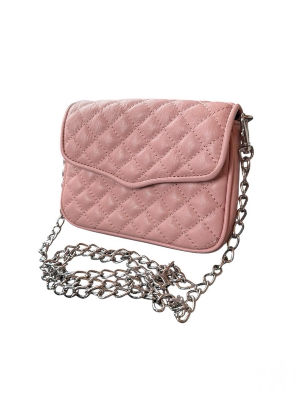 Rebecca Minkoff Genuine Leather Pink Quilted Crossbody Bag with Chain Strap
